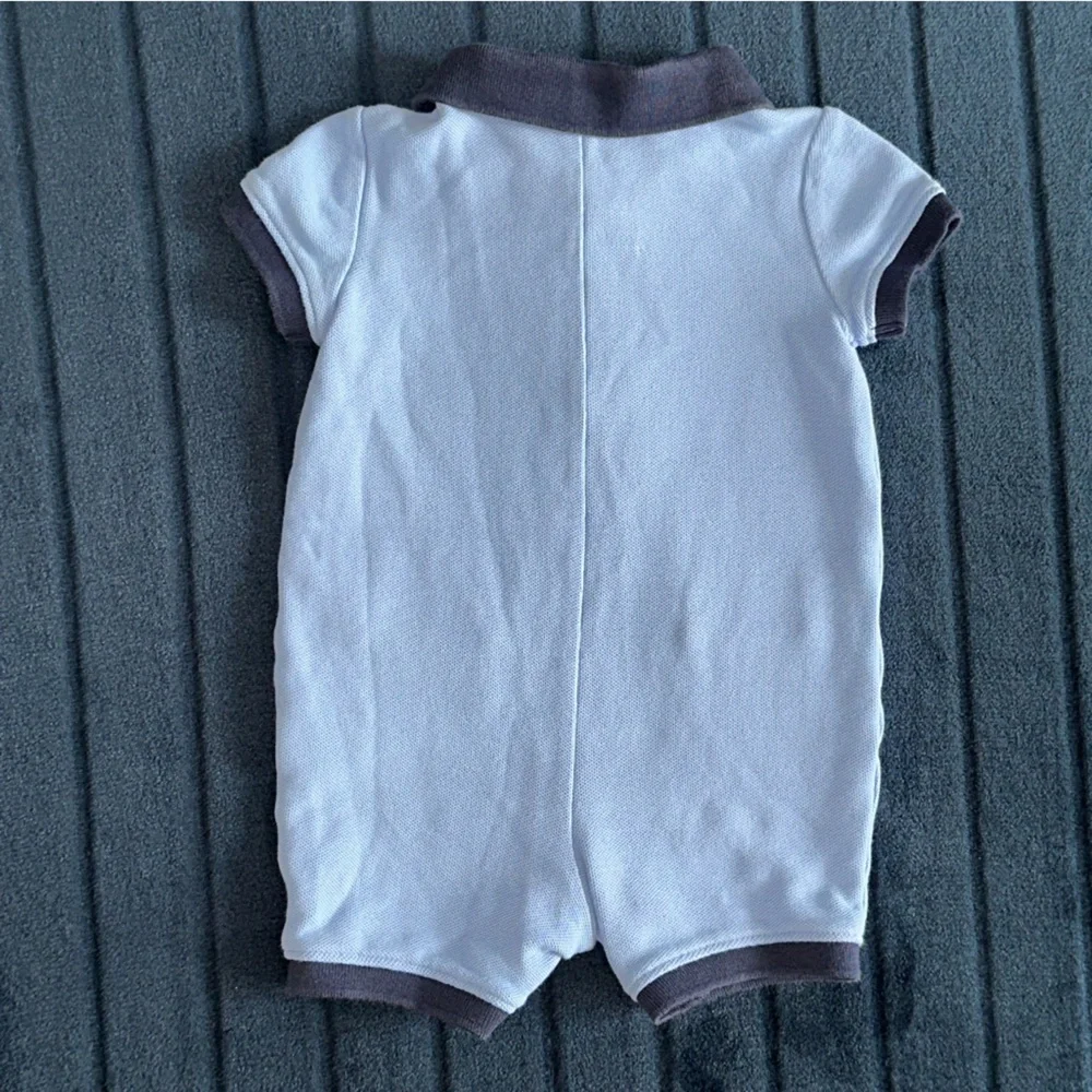 Janie and Jack Light Blue Polo romper with Dinosaur Embroidery 3 to 6 month